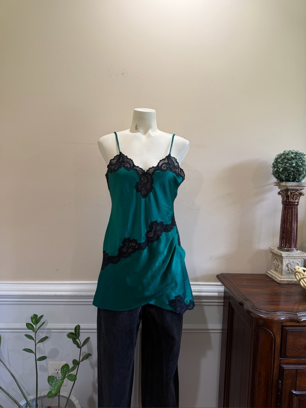 Victoria Secret Emerald Green Satin Lace-Trim Camisole